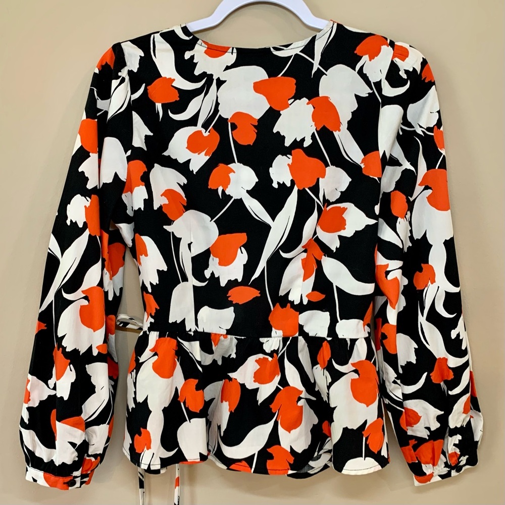Who What Wear Black/Ivory/Orange Tulip Print Peplum, Long Sleeve Blouse,… - Picture 4 of 9